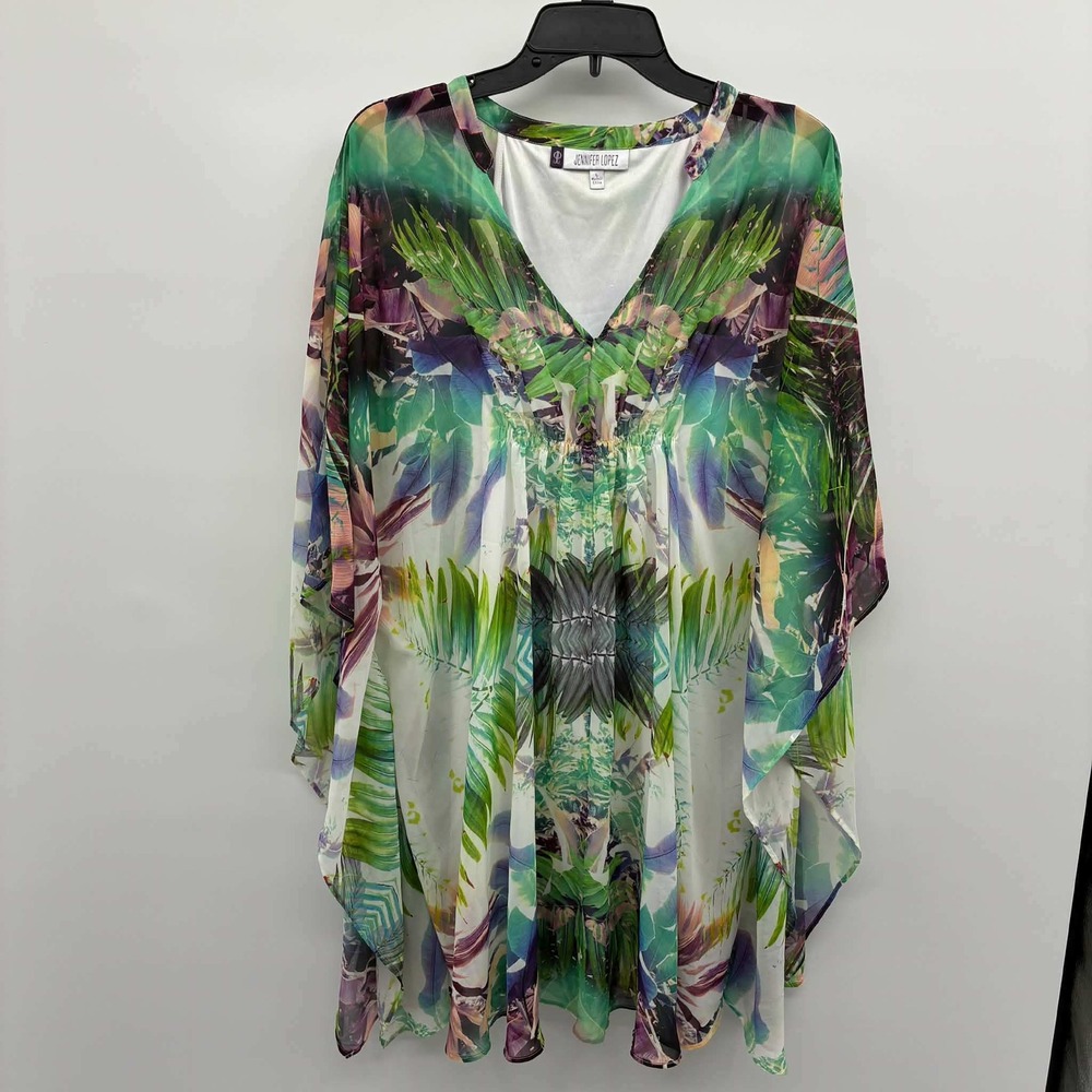 Jennifer Lopez Blouse Womens L Green Tropical Leaf Kimono Sleeve V Neck Flowy